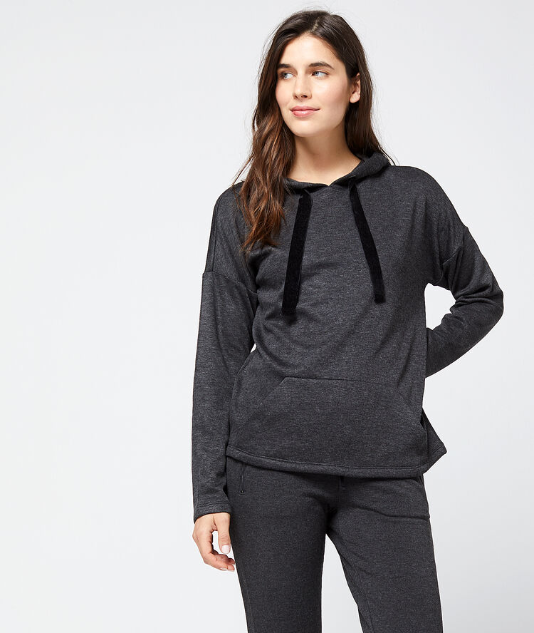 Bluza homewear z kapturem wiązanym aksamitnymi tasiemkami szary.