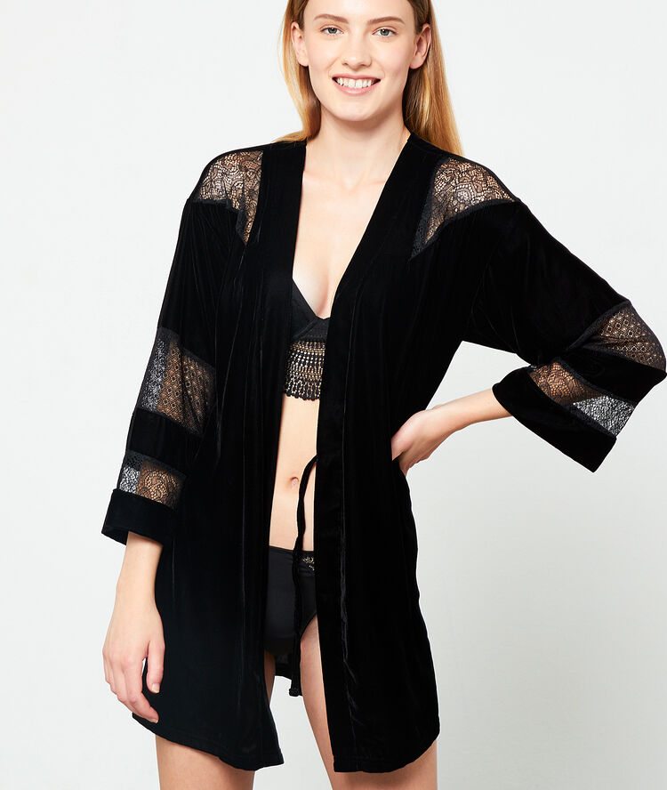 Kimono ze wstawkami koronki czarny.