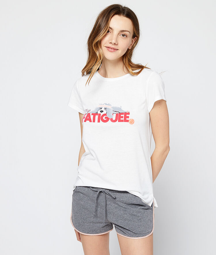 T-shirt z nadrukiem pieska i napisem "fatiguée" ecru.