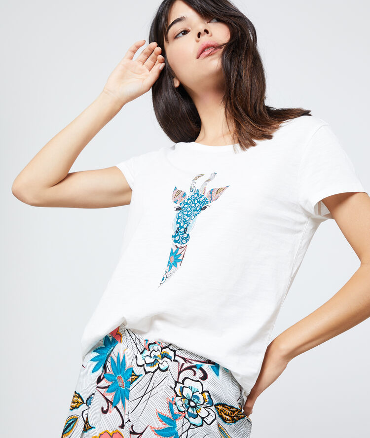 T-shirt z bawełny z nadrukiem żyrafy ecru.