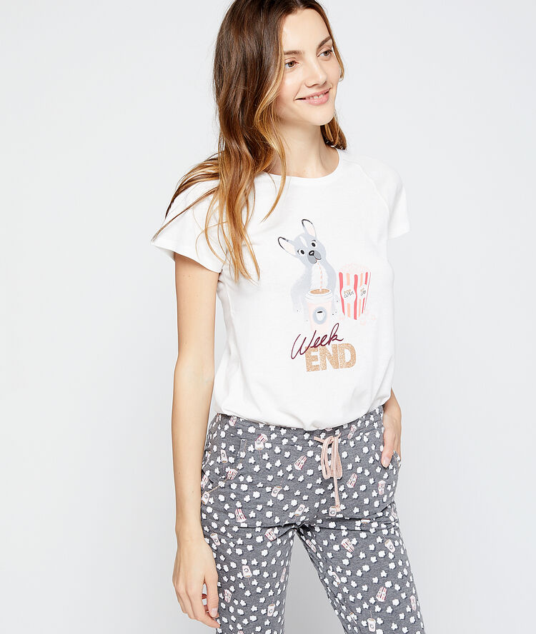 T-shirt z nadrukiem pieska i napisem "week-end" ecru.