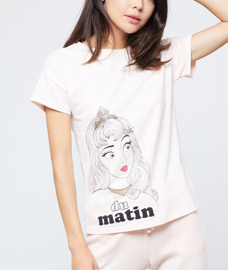 T-shirt z motywem księżniczki disneya i napisem "pas du matin" różowy.