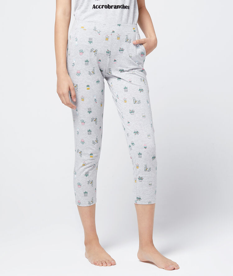 Spodnie capri z organicznej bawełny w kwiatowy deseń szary.