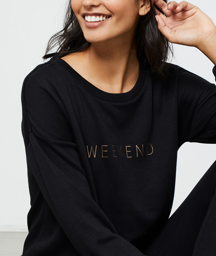 T-shirt z długimi rękawami i napisem 'weekend' czarny.
