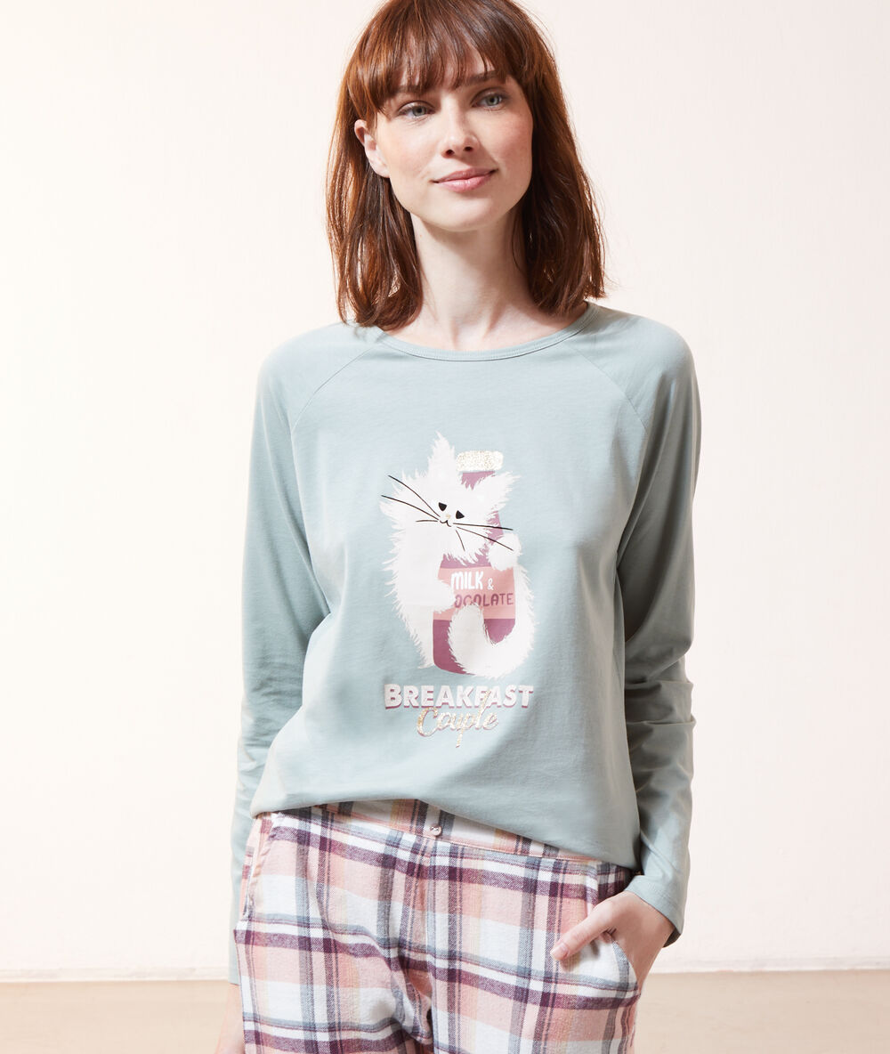 T-shirt z nadrukiem kota 'breakfast couple' zielony.
