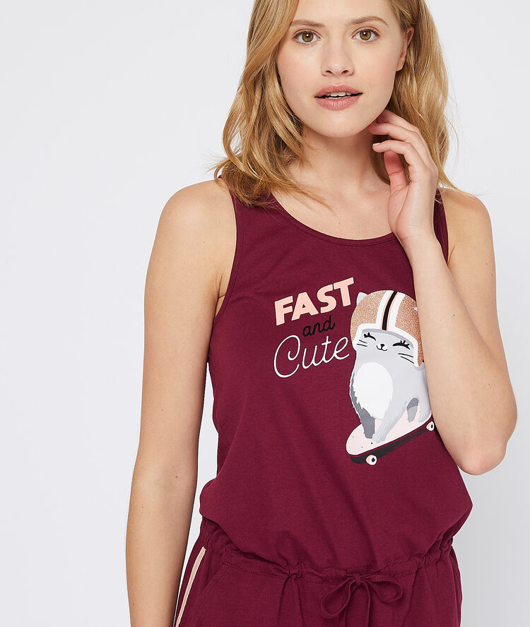 Koszulka nocna z motywem kotka i napisem "fast and cute" bordowy.