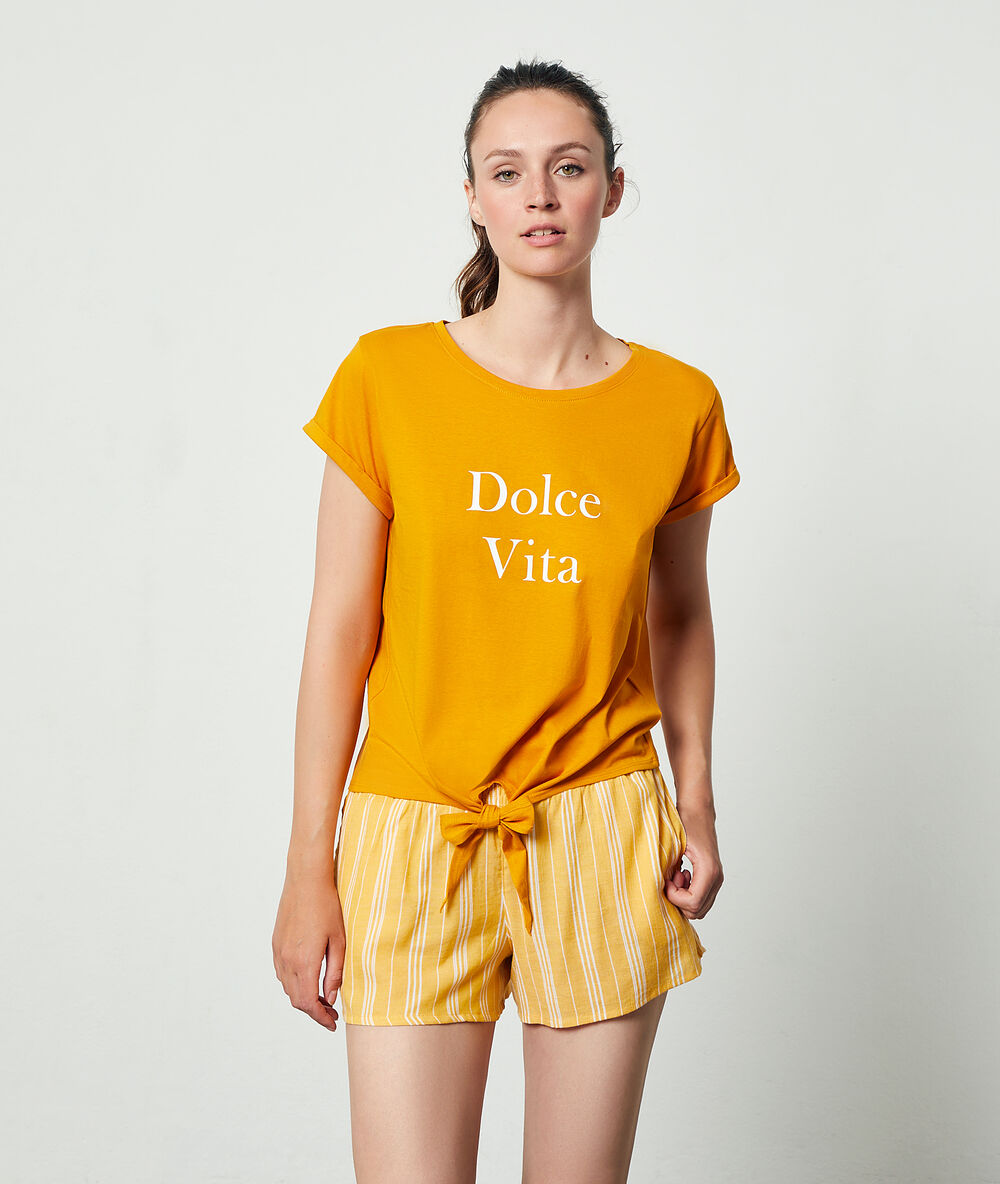 Top z napisem 'dolce vita' ochra.