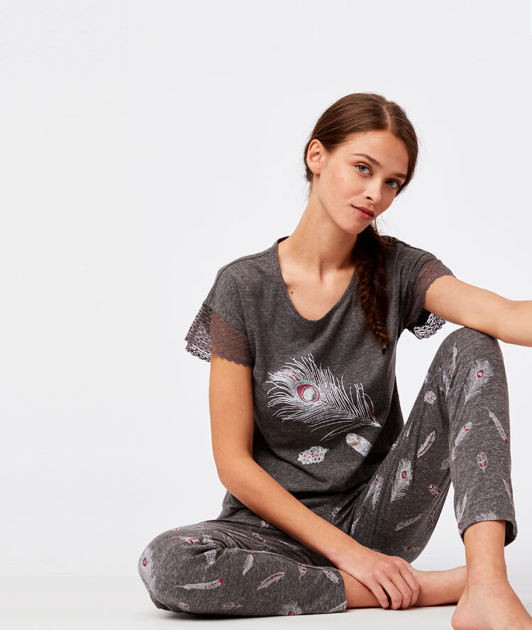 T-shirt z nadrukiem piór z rękawami z koronki antracytowy.