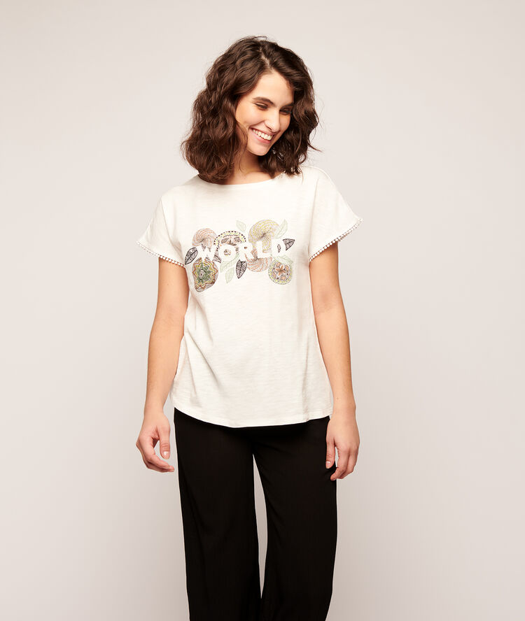 T-shirt z nadrukiem róż i napisem 'world' ecru.