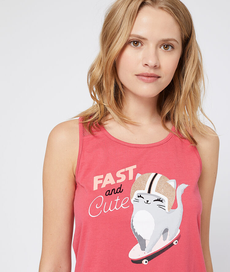 Top z nadrukiem kotka i napisem "fast and cute" różowy.