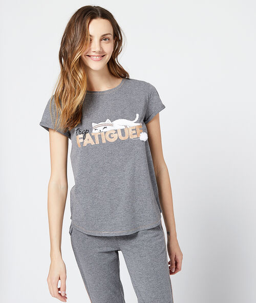 T-shirt z nadrukiem kotka i napisem "trop fatiguée" szary.