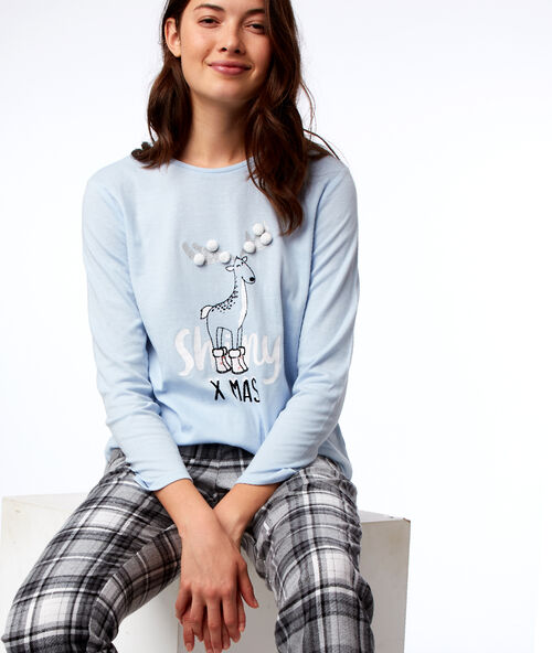T-shirt z napisem i pomponikami bleu.