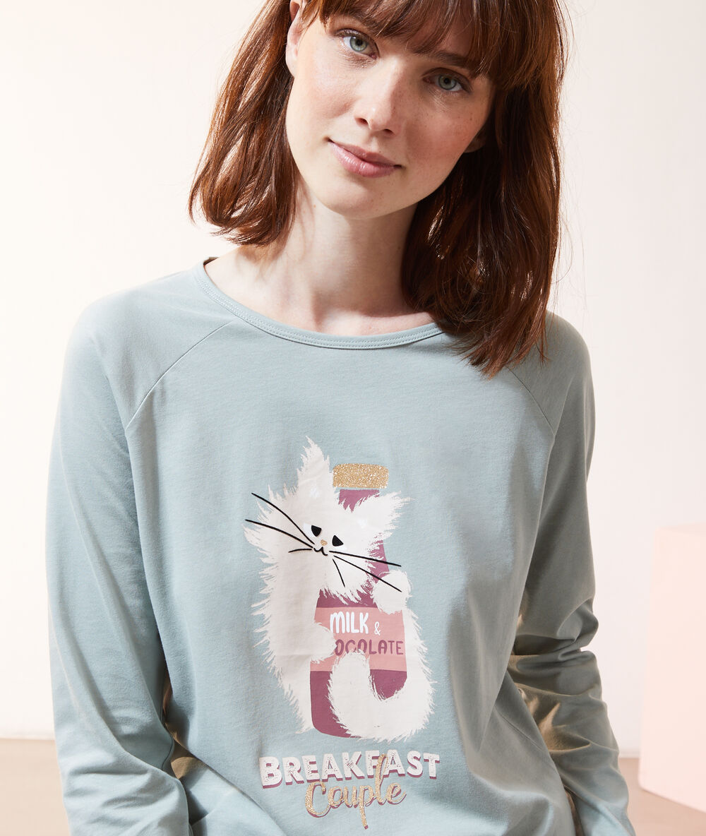 T-shirt z nadrukiem kota 'breakfast couple' zielony.