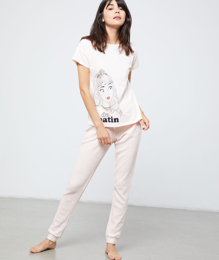 T-shirt z motywem księżniczki disneya i napisem "pas du matin" różowy.