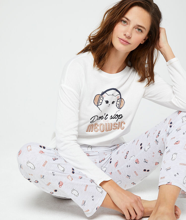 Top z napisem 'don't stop the meowsic' ecru.