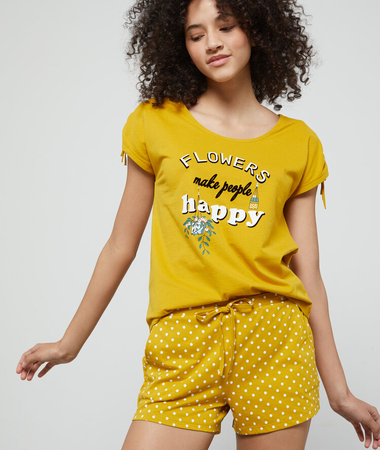 T-shirt z bawełny organicznej z nadrukiem 'flowers make people happy' żółty.