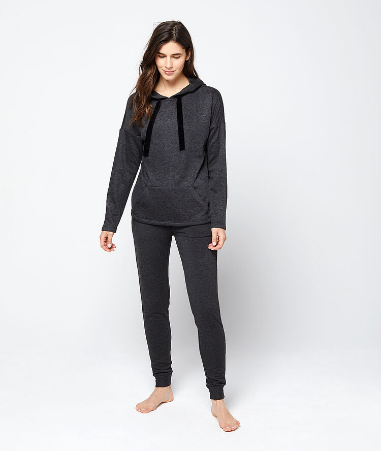 Bluza homewear z kapturem wiązanym aksamitnymi tasiemkami szary.