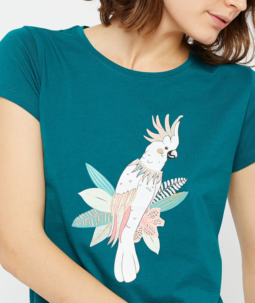 T-shirt z organicznej bawełny z nadrukiem papugi zielony.