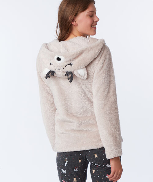Rozpinana bluza ze sztucznego futerka, kaptur beige.