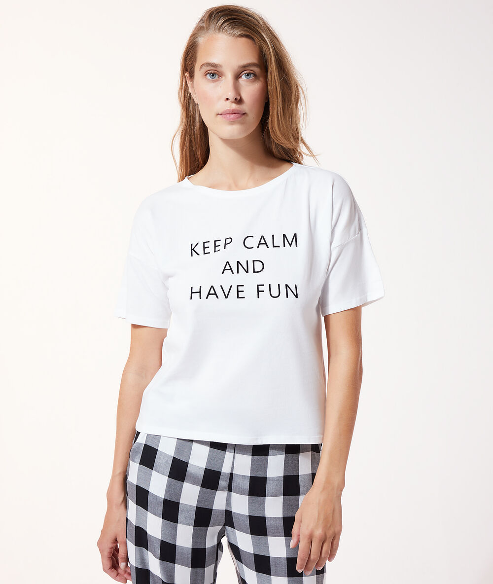 Top z krótkimi rękawami i napisem 'keep calm and have fun' ecru.