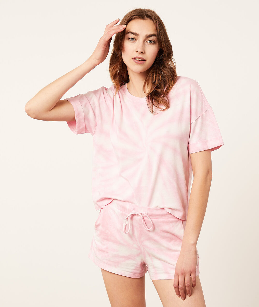 Top z krótkimi rękawami, nadruk tie dye fushia.