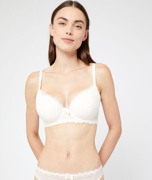 Soft bra: koronkowy klasyczny biustonosz usztywniany z miękkimi fiszbinami &eacute;cru.