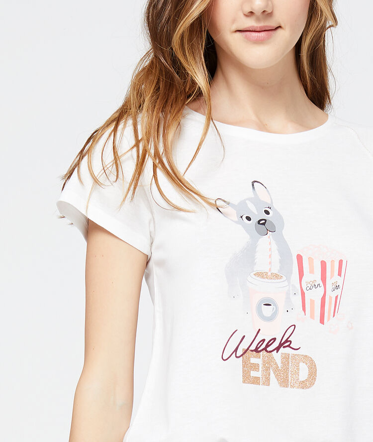 T-shirt z nadrukiem pieska i napisem "week-end" ecru.