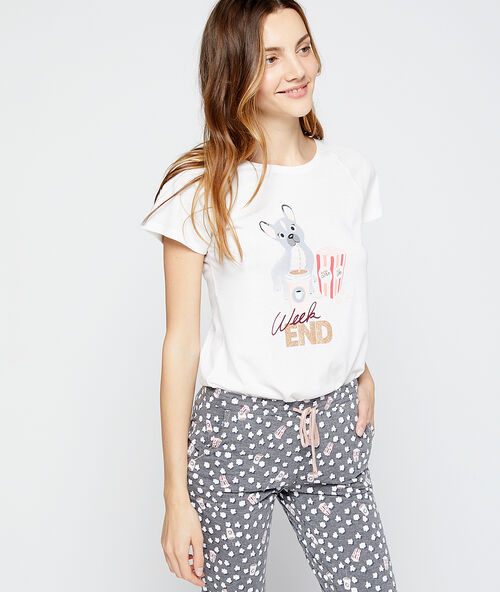 T-shirt z nadrukiem pieska i napisem "week-end" ecru.