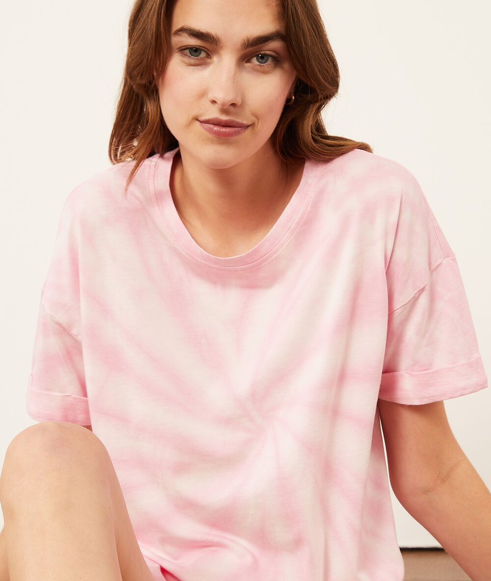 Top z krótkimi rękawami, nadruk tie dye fushia.