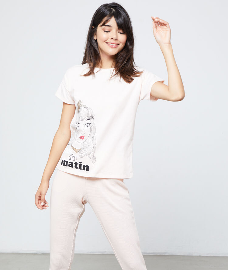 T-shirt z motywem księżniczki disneya i napisem "pas du matin" różowy.