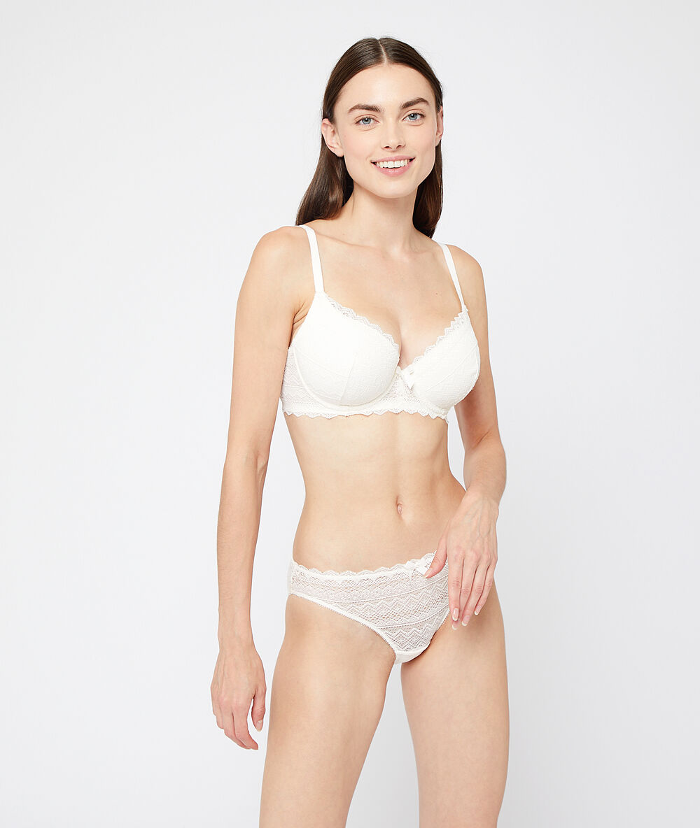 Soft bra: koronkowy klasyczny biustonosz usztywniany z miękkimi fiszbinami écru.