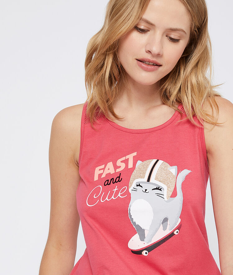 Top z nadrukiem kotka i napisem "fast and cute" różowy.
