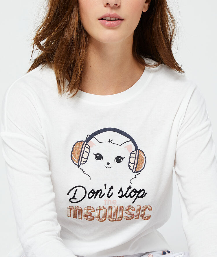 Top z napisem 'don't stop the meowsic' ecru.