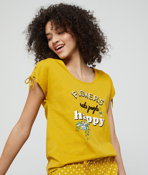 T-shirt z bawełny organicznej z nadrukiem 'flowers make people happy' ż&oacute;łty.