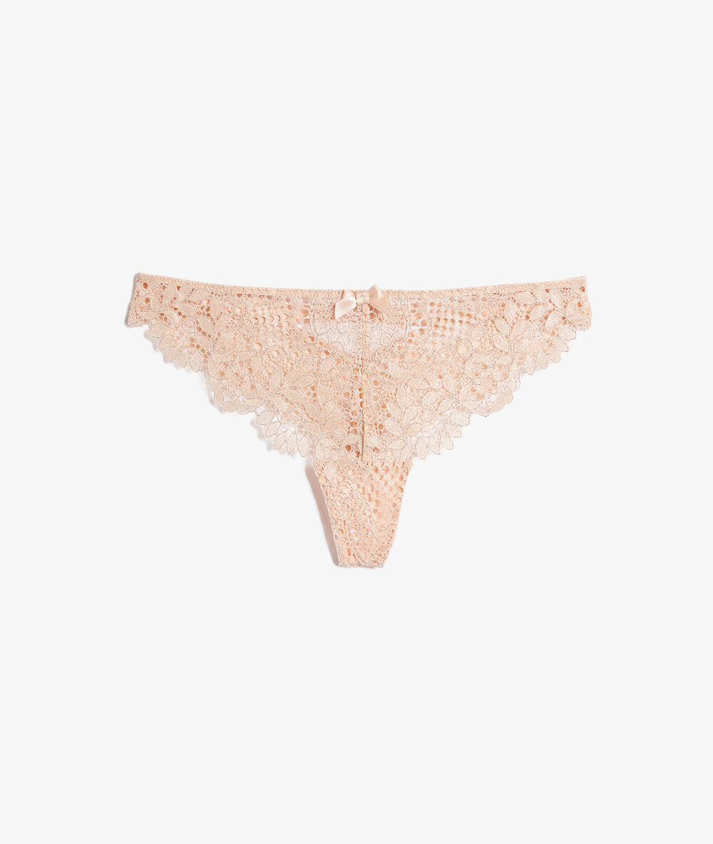 Tanga en dentelle blush.
