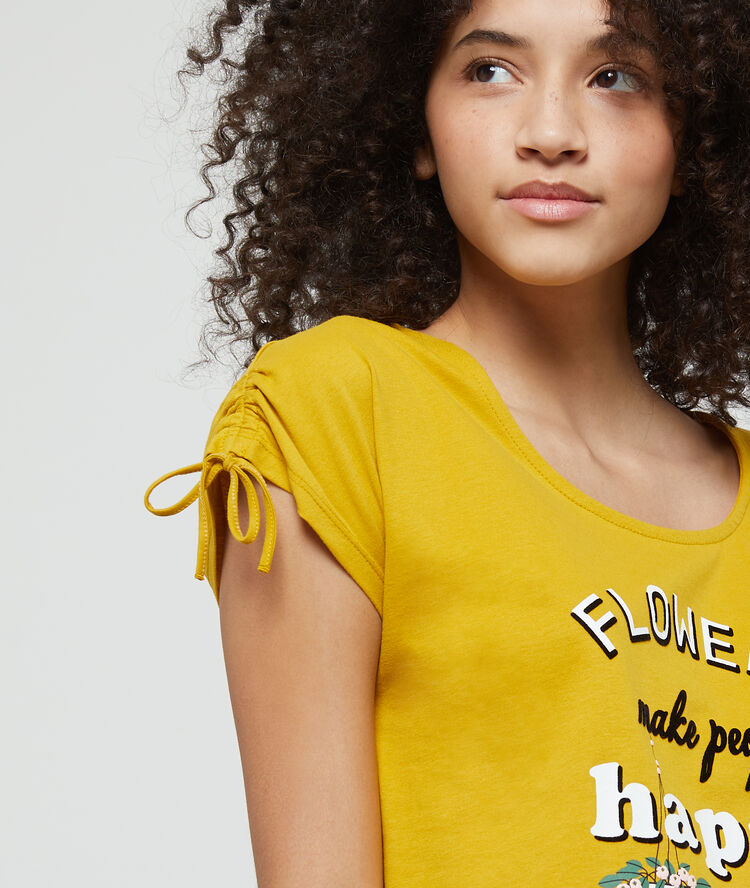 T-shirt z bawełny organicznej z nadrukiem 'flowers make people happy' żółty.