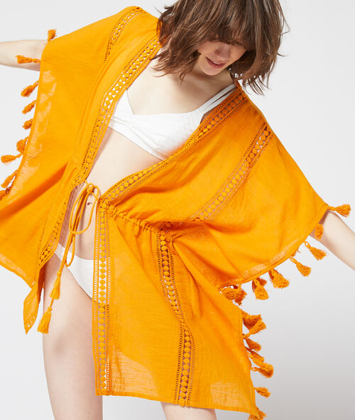 Tunique de plage &agrave; guipure en coton curry.